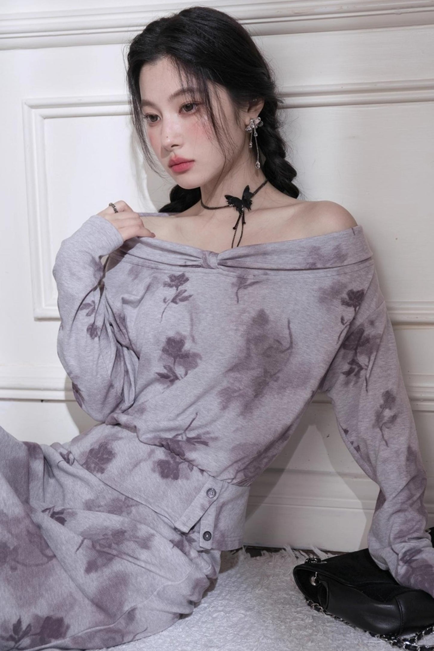 Cloud Gray Purple Bow Neck Knit Skirt Set