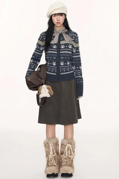 Vintage Fur Collar Jacket With Skirt Set-Up