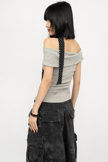 Retro Gray Off-Shoulder Top