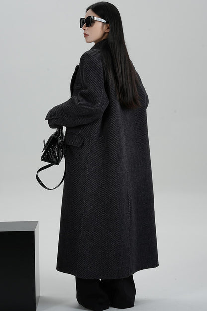 Long Double-Faced Tweed Wool Coat