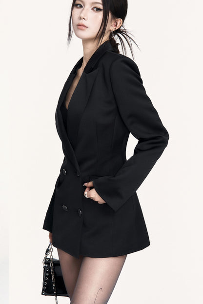 Fashionable Hourglass Slim Waist Black Satin Blazer