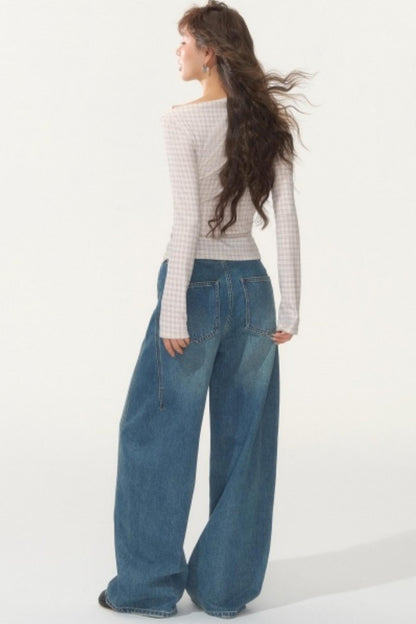 Velvet Plaid One-Shoulder Top