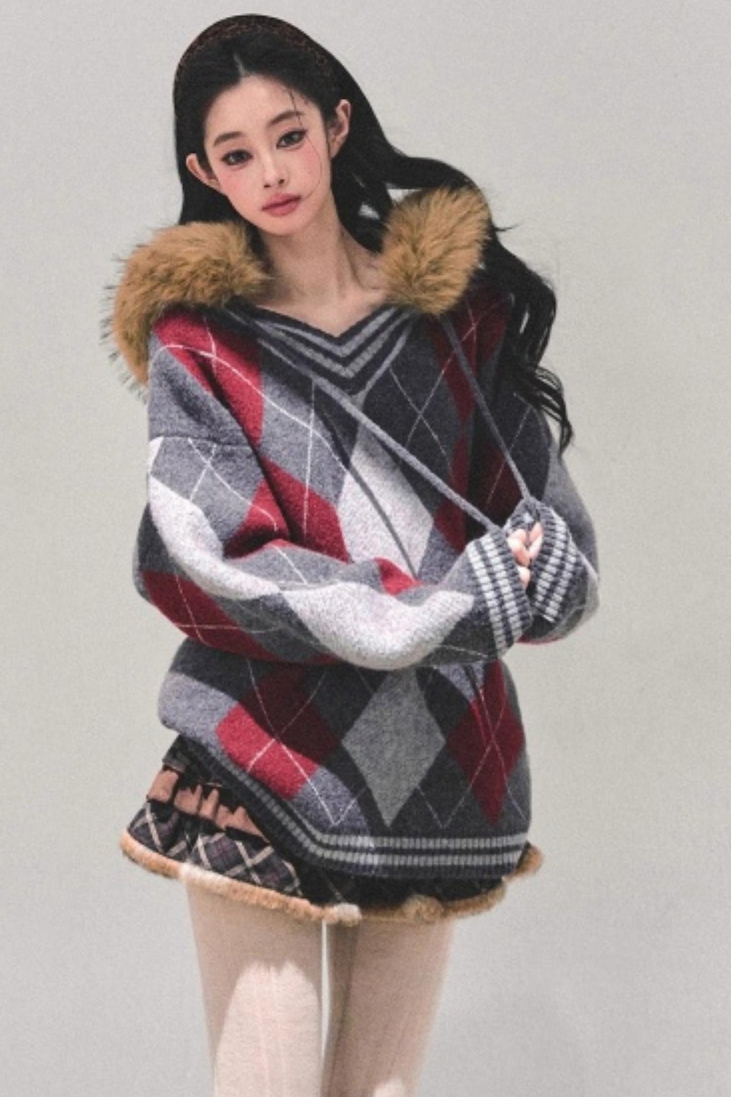 American College Style Fur Collar Sweater