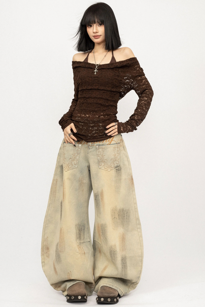 레트로 레이스 오프숄더 탑