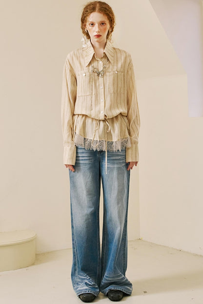 Vintage Lace-Trimmed Drawstring Shirt