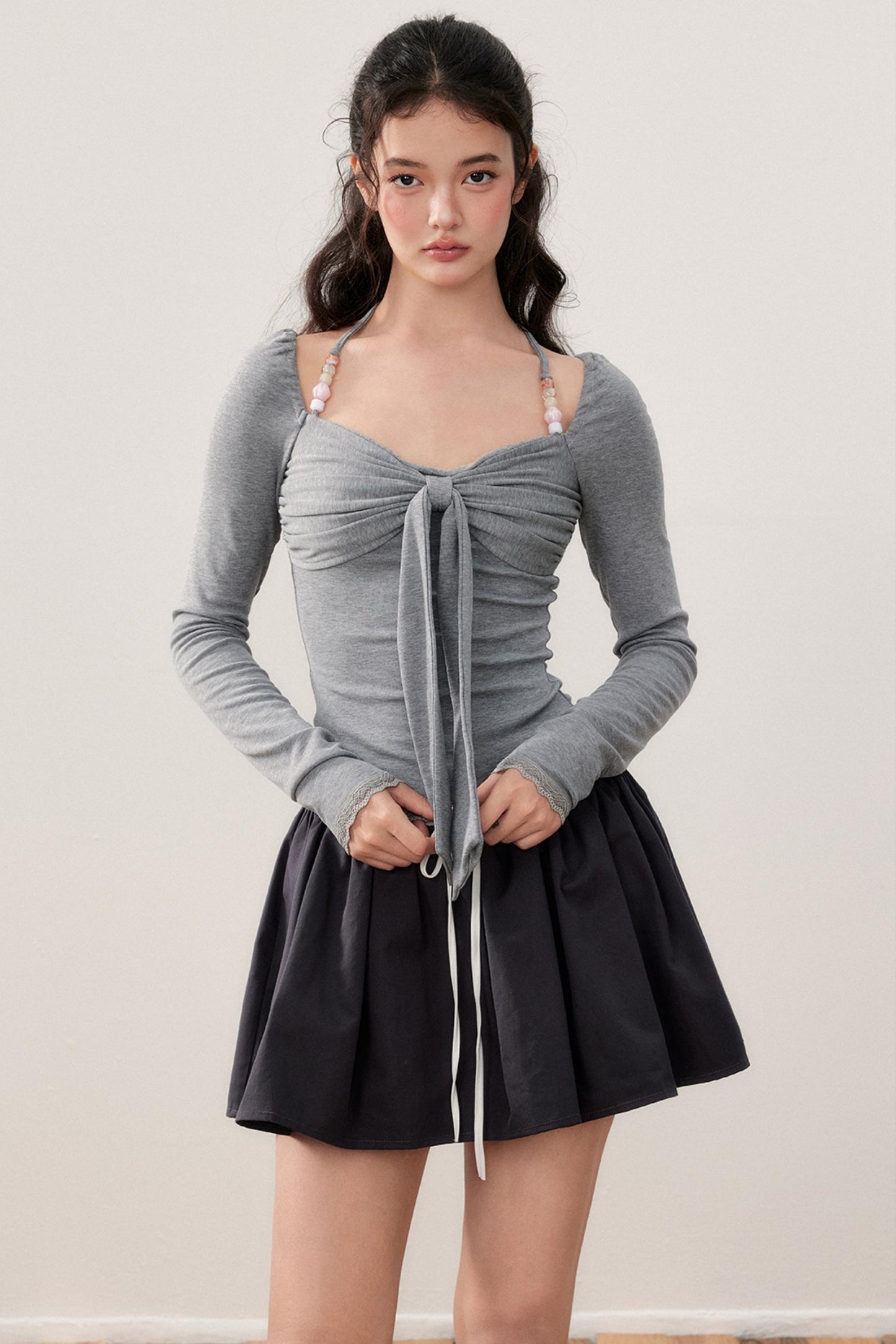 Pleated Bow Beaded Halterneck Top