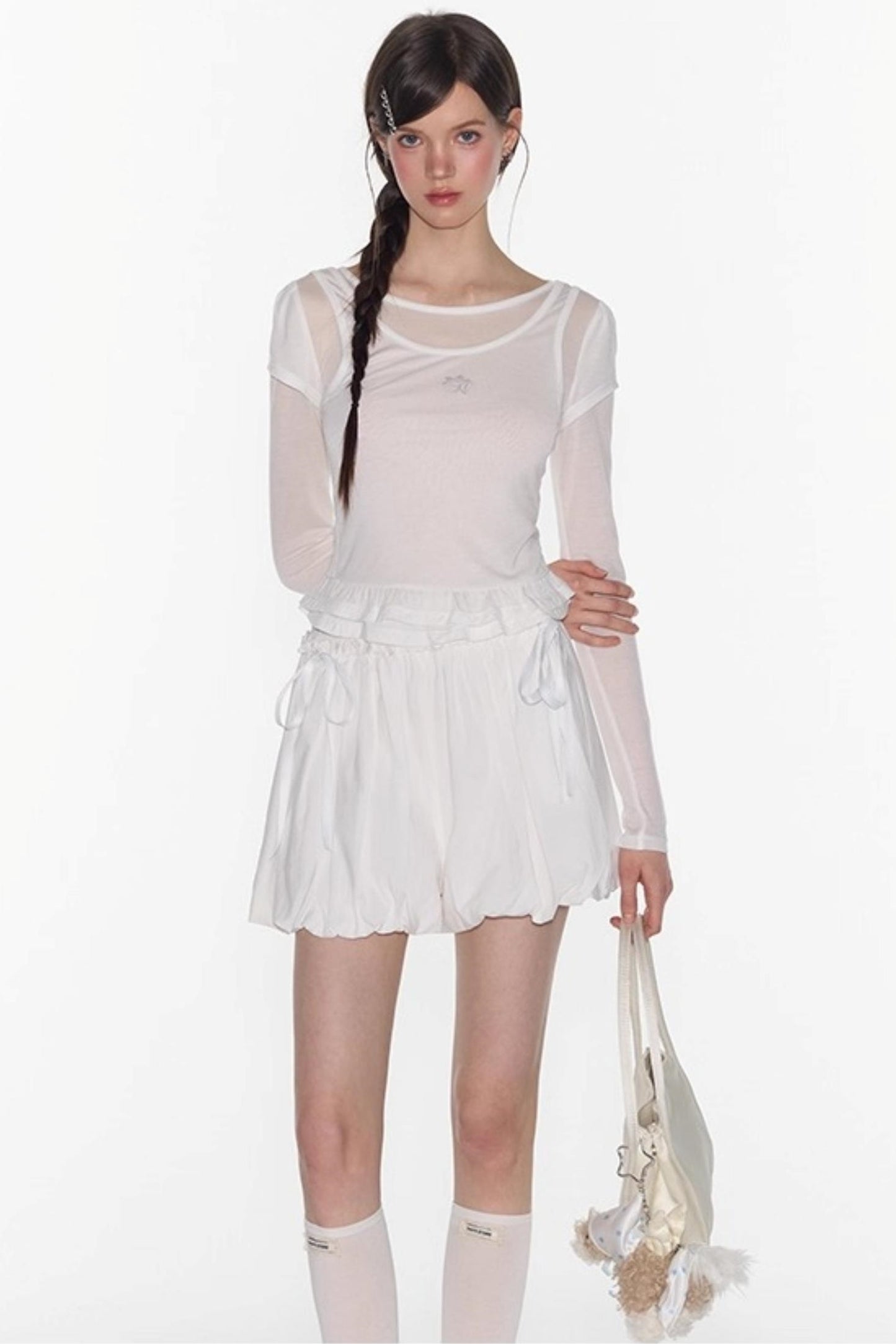 Ruffle Tencel Long-sleeved Top Set-Up