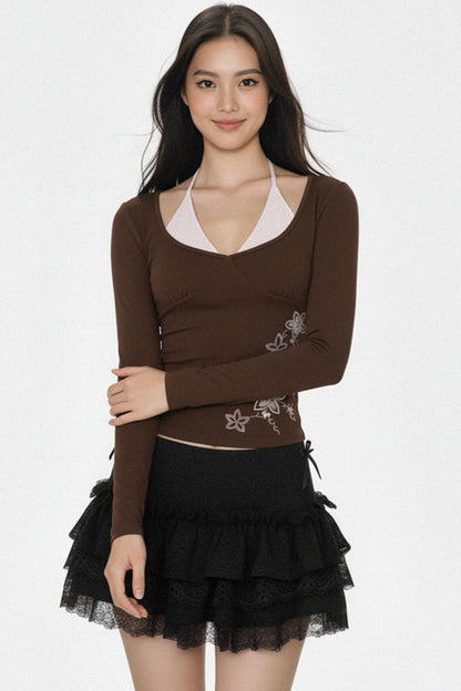 컬러 블록 플로럴 자수 탑