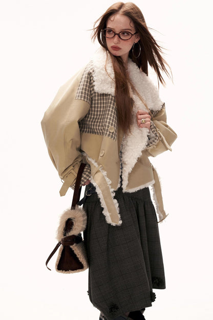 Plaid Fur Collar Large Lapel Jacket
