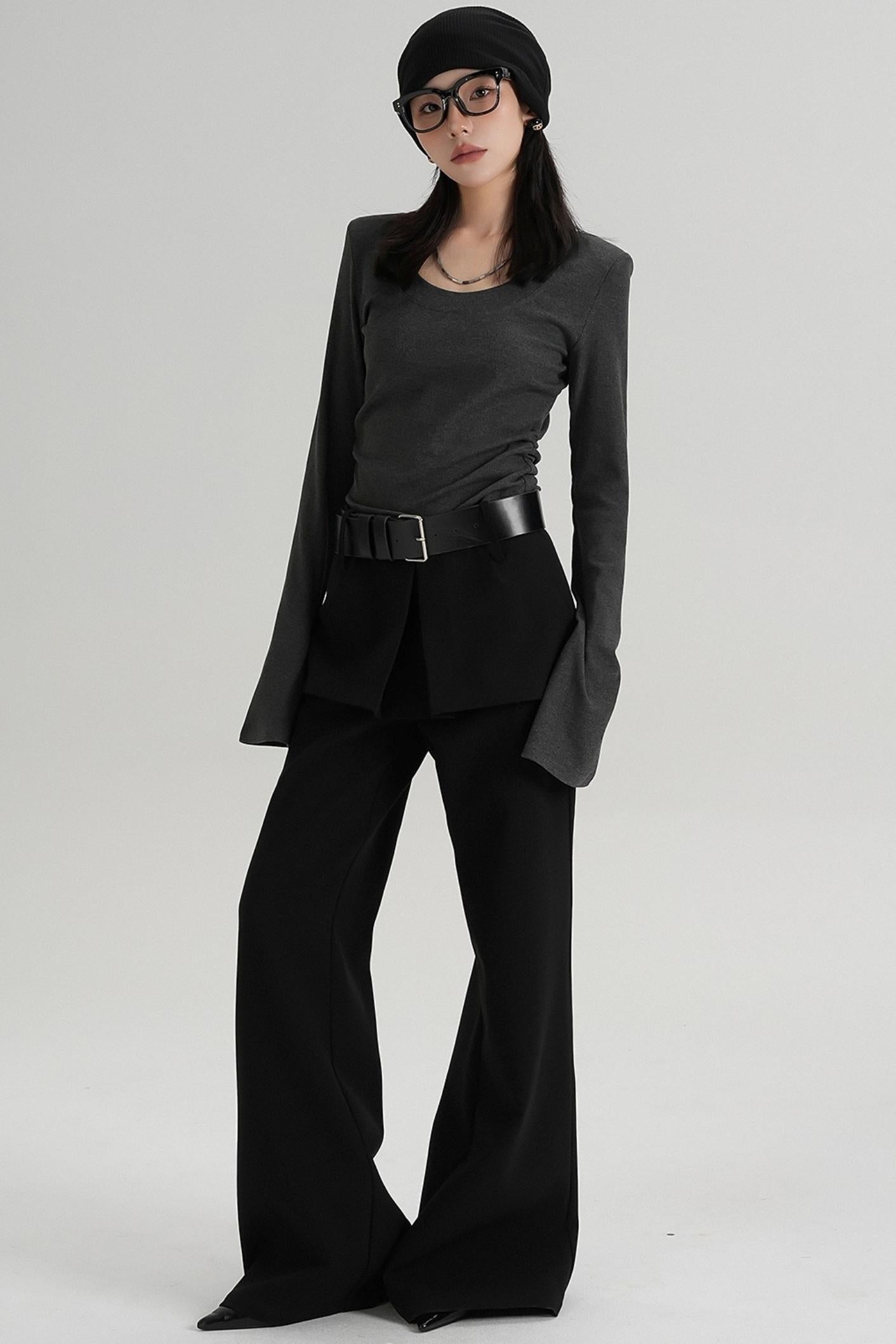 T-shirt amincissant à manches longues à taille ras du cou