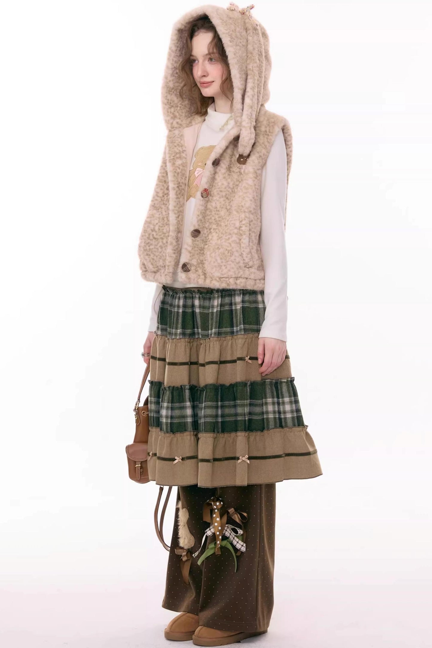 Black Leather Rabbit Hooded Vest Jacket