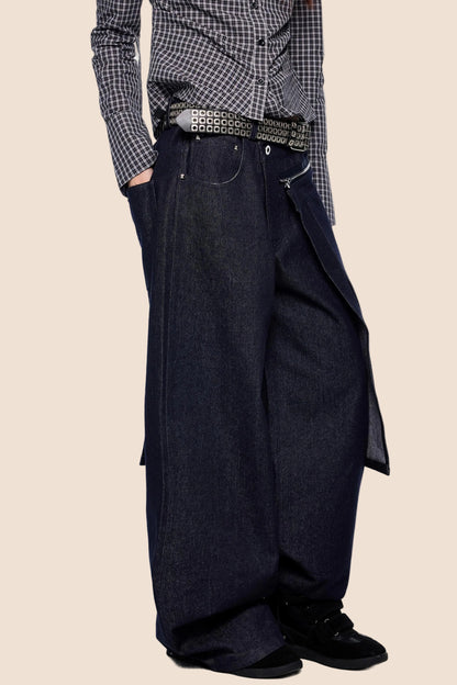 Detachable Pleated Denim Skirt Pants