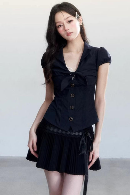 Textured Hollow-Out Tie-Up Blouse Set-Up