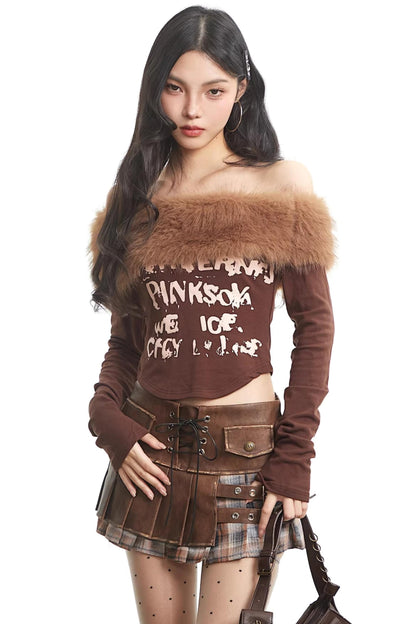 Retro Fur Collar Off-Shoulder Top