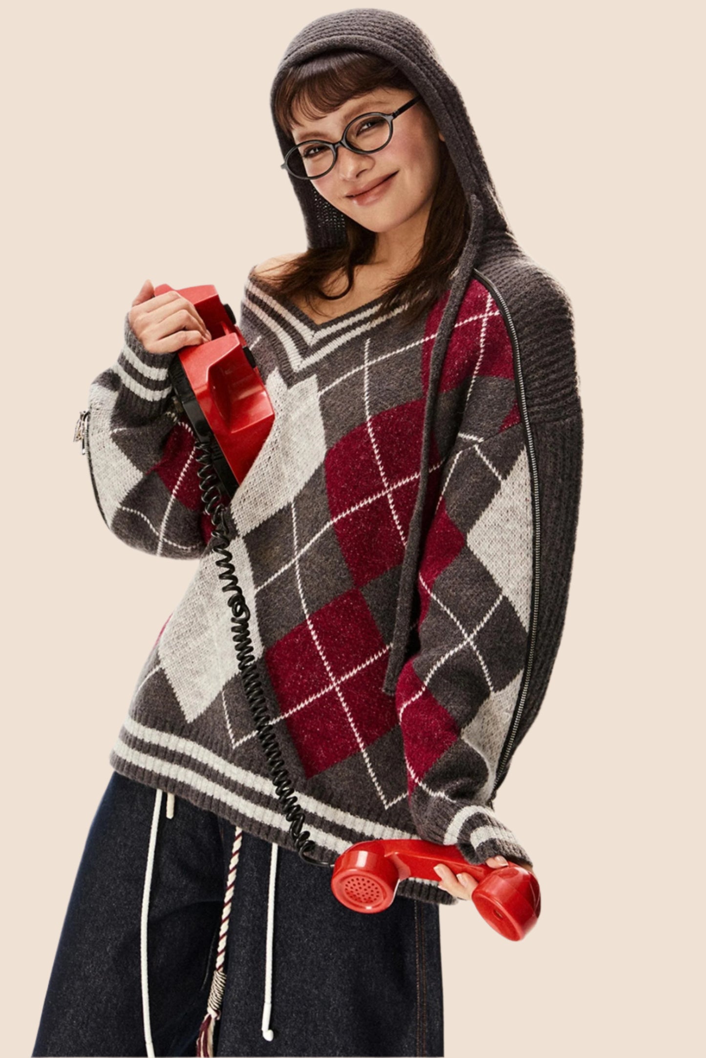 Quilted Retro Knit V-Neck Sweater