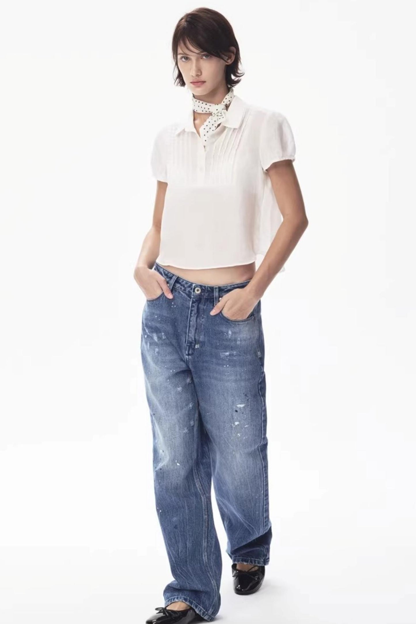 Ramie-Blend Pleated Puff Blouse