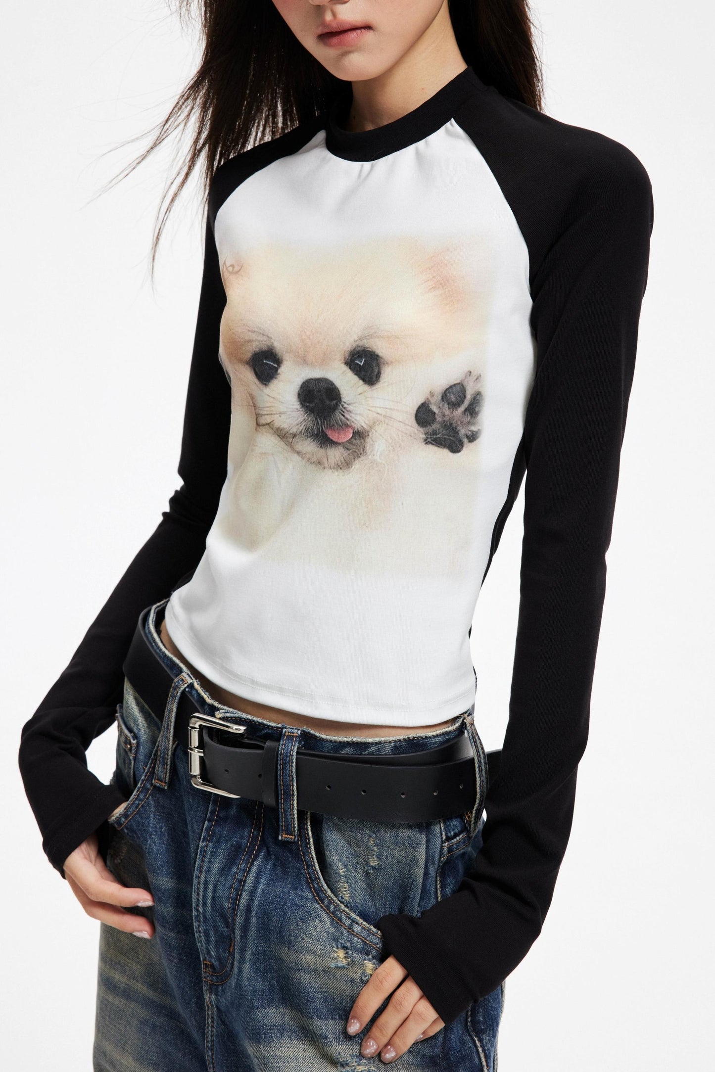 Puppy Print Raglan Slimming Knit Top