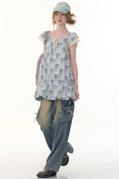 Vintage Checkered Square Neck Dress