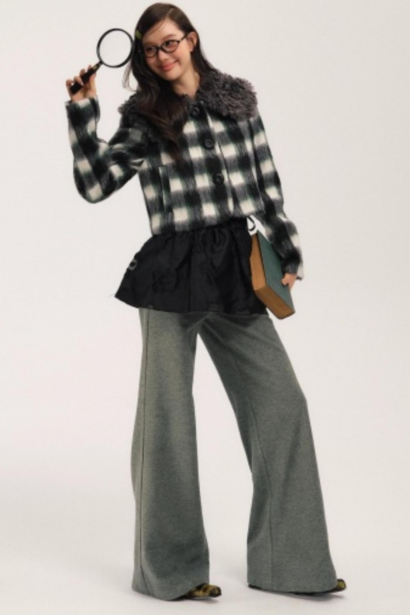 Plaid Wool Fur Collar Jacket