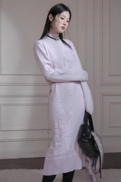 Light Purple Wool Floral Dress Set