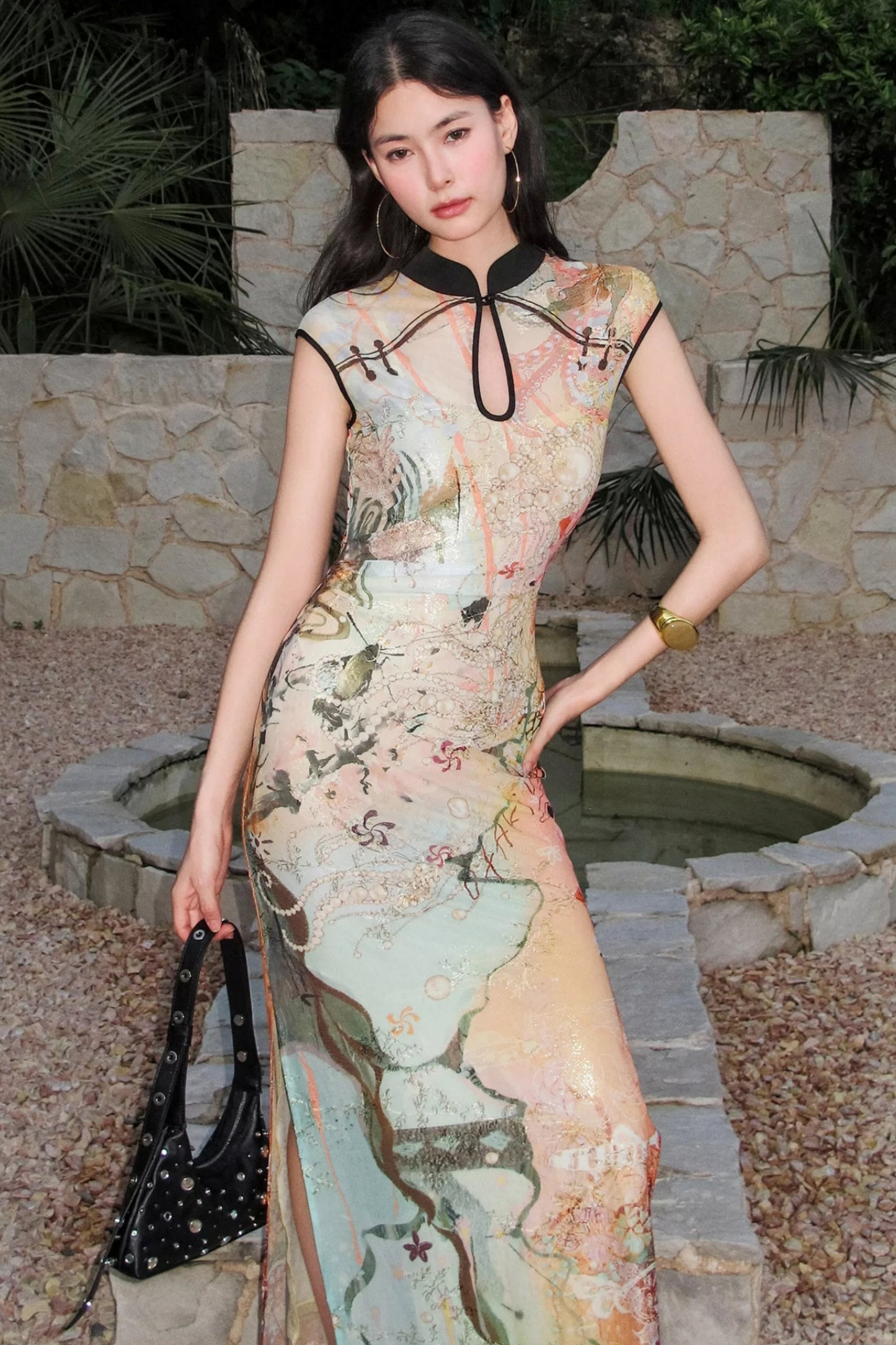 Shoulder-Sleeve Quicksand Print Stretch Cheongsam Dress