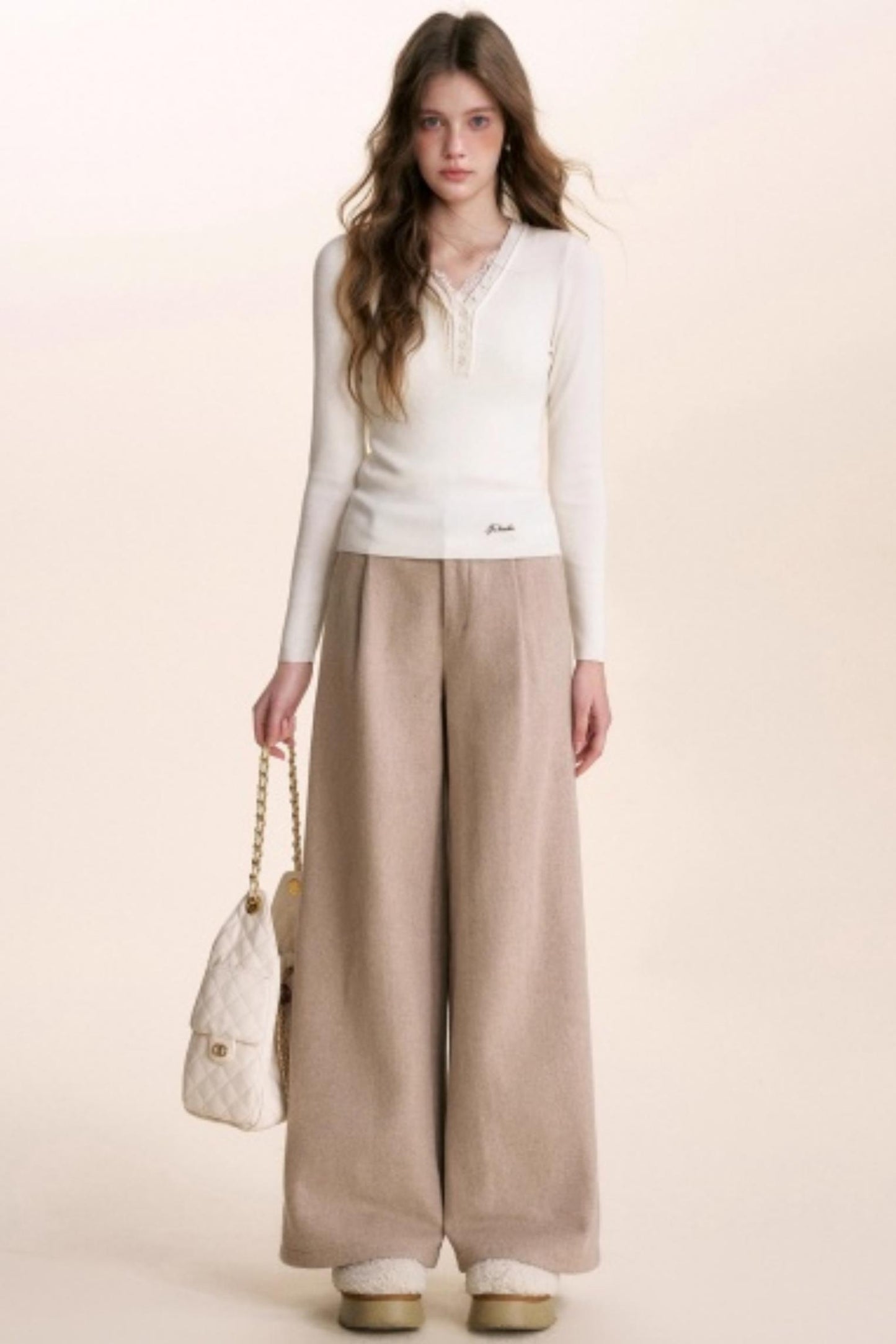 Lace Patchwork Wool Wide-Leg Pants