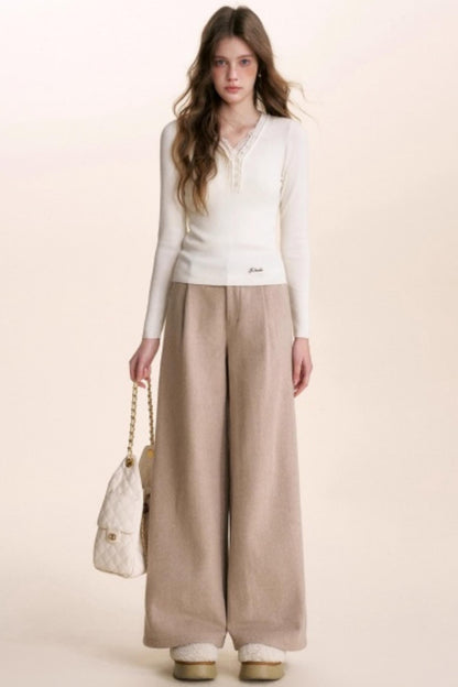 Lace Patchwork Wool Wide-Leg Pants