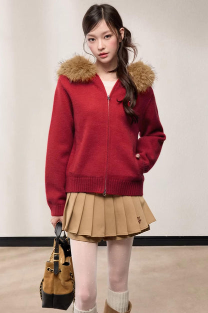Fur Collar Hooded Cardigan