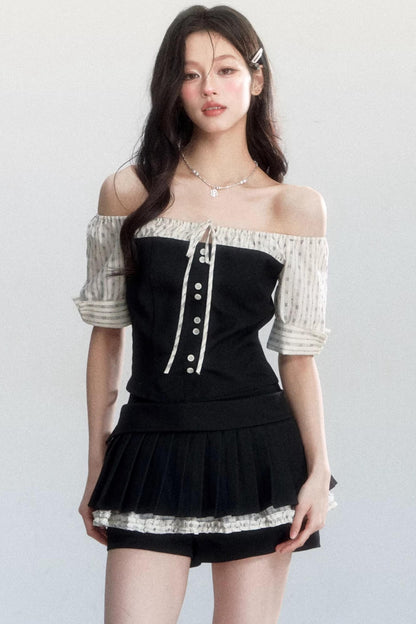 Retro Color-Block Off-Shoulder Top Set-Up