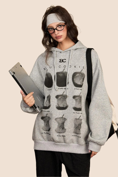 EZEK AMERICAN RETRO ROTTEN APPLE GRAY HOODED SWEATSHIRT WOMEN'S AUTUMN NEW LOOSE SLIM PULLOVER JACKET TIDE