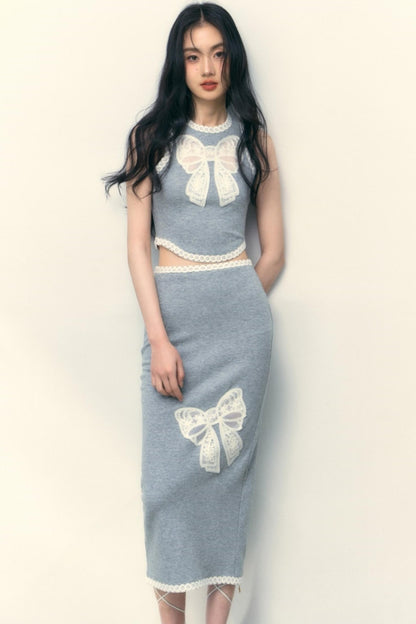 Grey Lace Vest And Skirt Set-Up