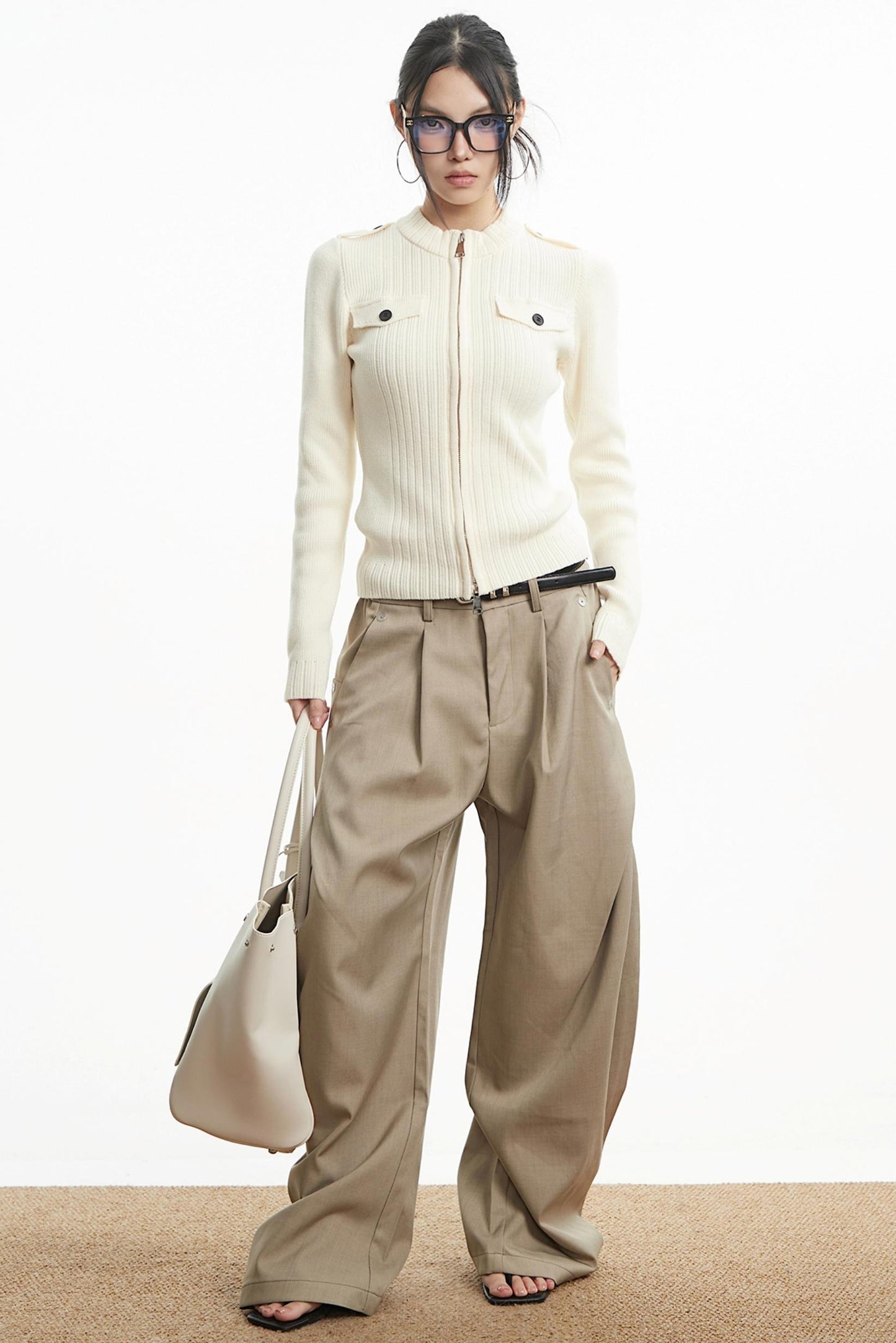 White Stand-Up Collar Knit Top