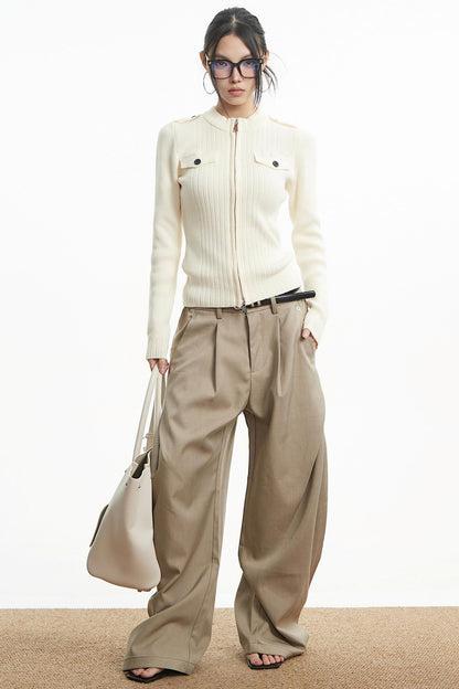 White Stand-Up Collar Knit Top