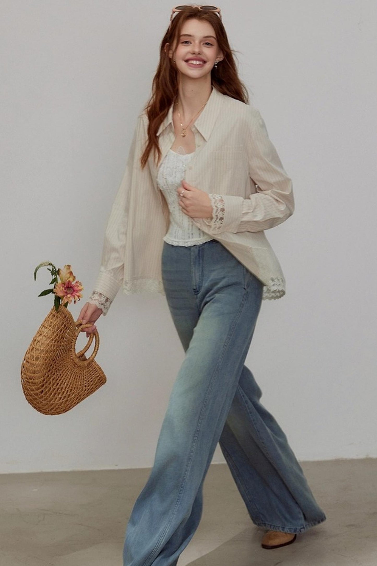 Striped Lace Sleeve Top