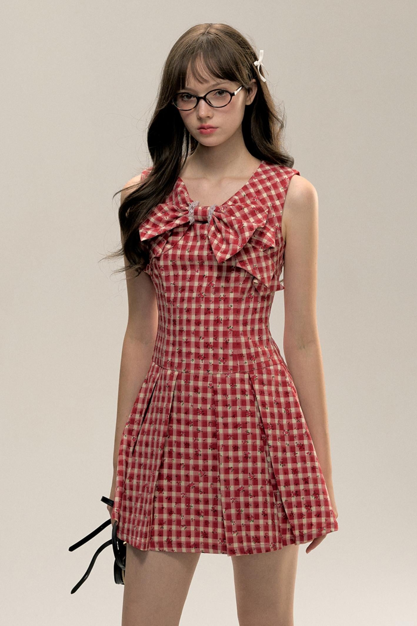 Red Check Floral Bow Vest Dress