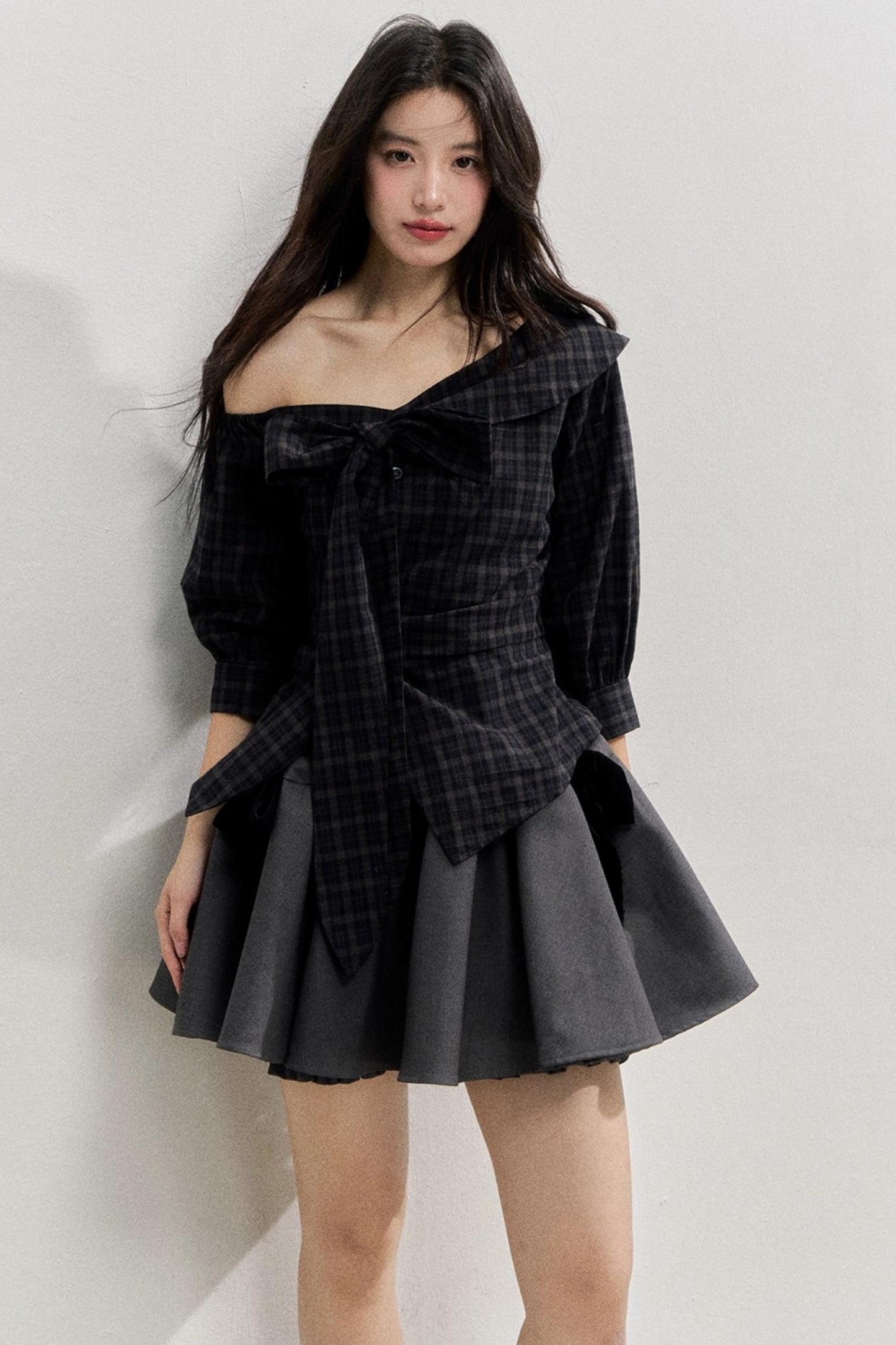 Plaid Bow One-Shoulder Waist Shirt