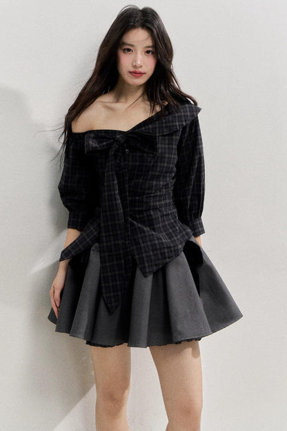 Plaid Bow One-Shoulder Waist Shirt