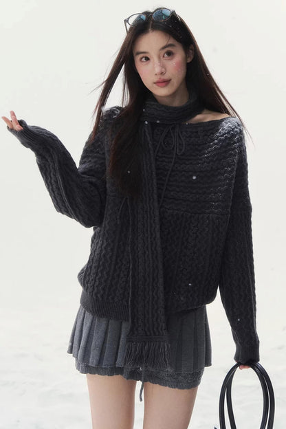 Vintage Twist Knit Off-Shoulder Sweater