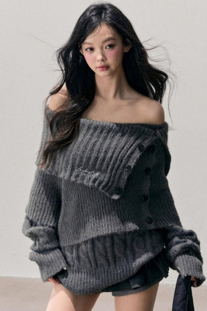 One-Shoulder Knitted Sweater Set