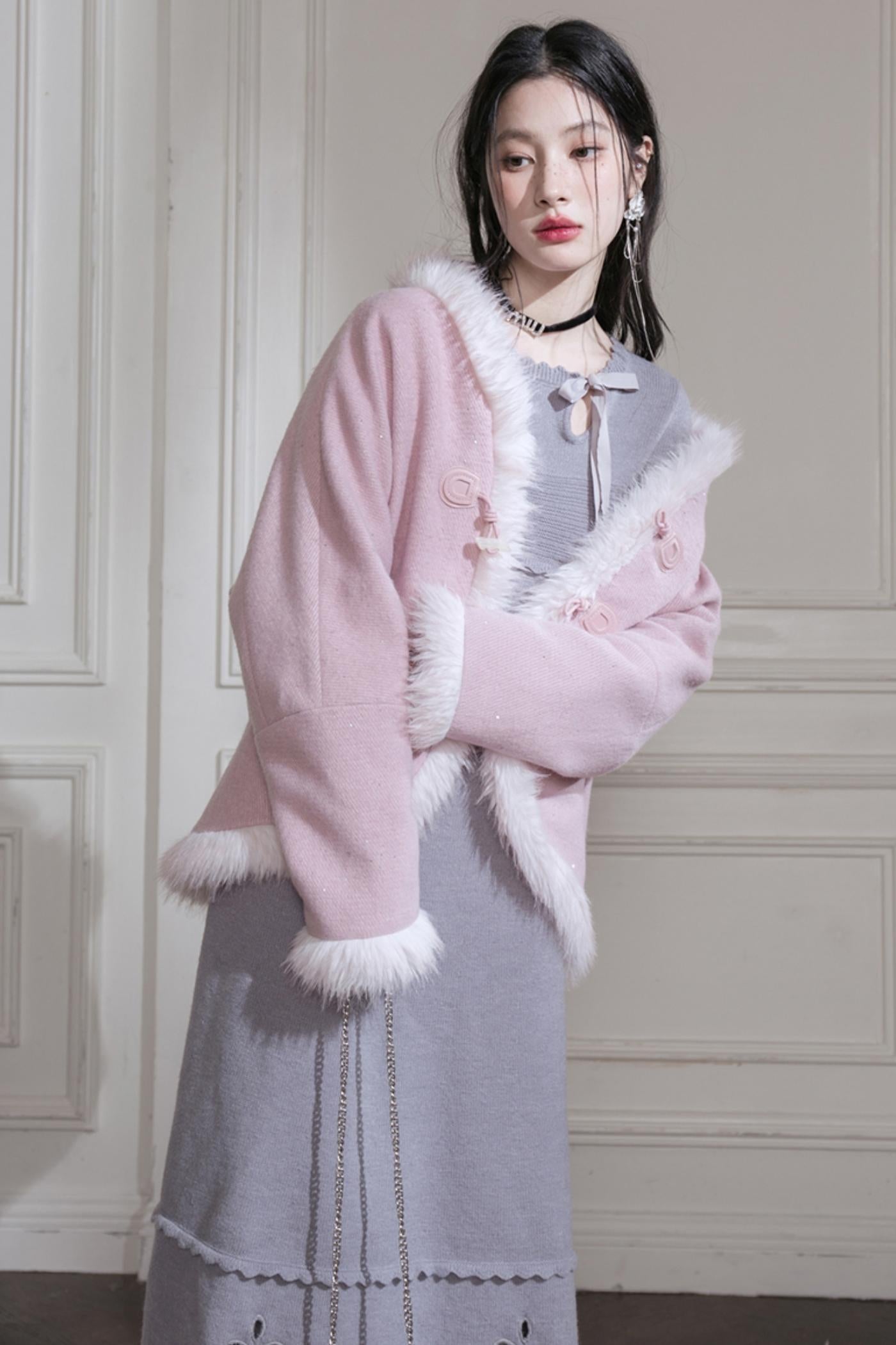 Cream Gray Lace Wool Dress