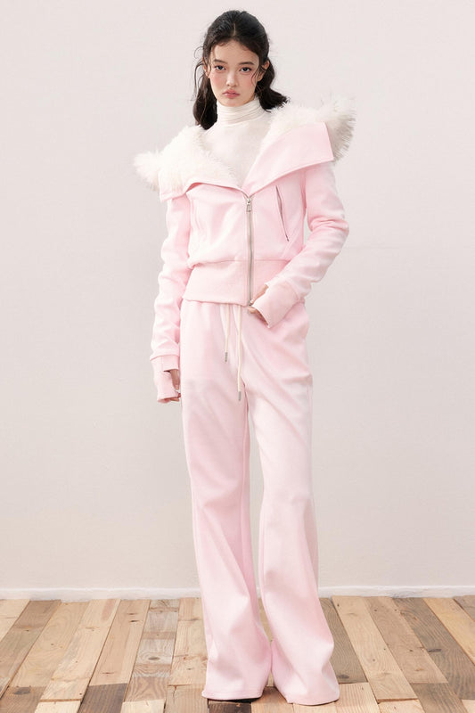 Lapel Fur Collar Fleece Jacket & Pants Set-Up