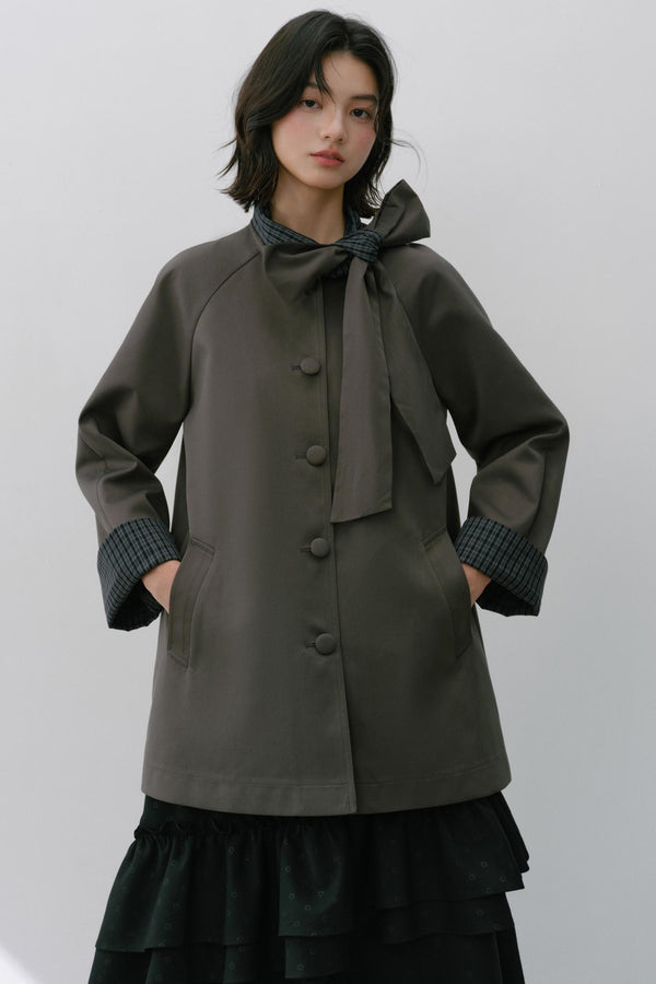 Pink Grey Check Bow Trench Coat