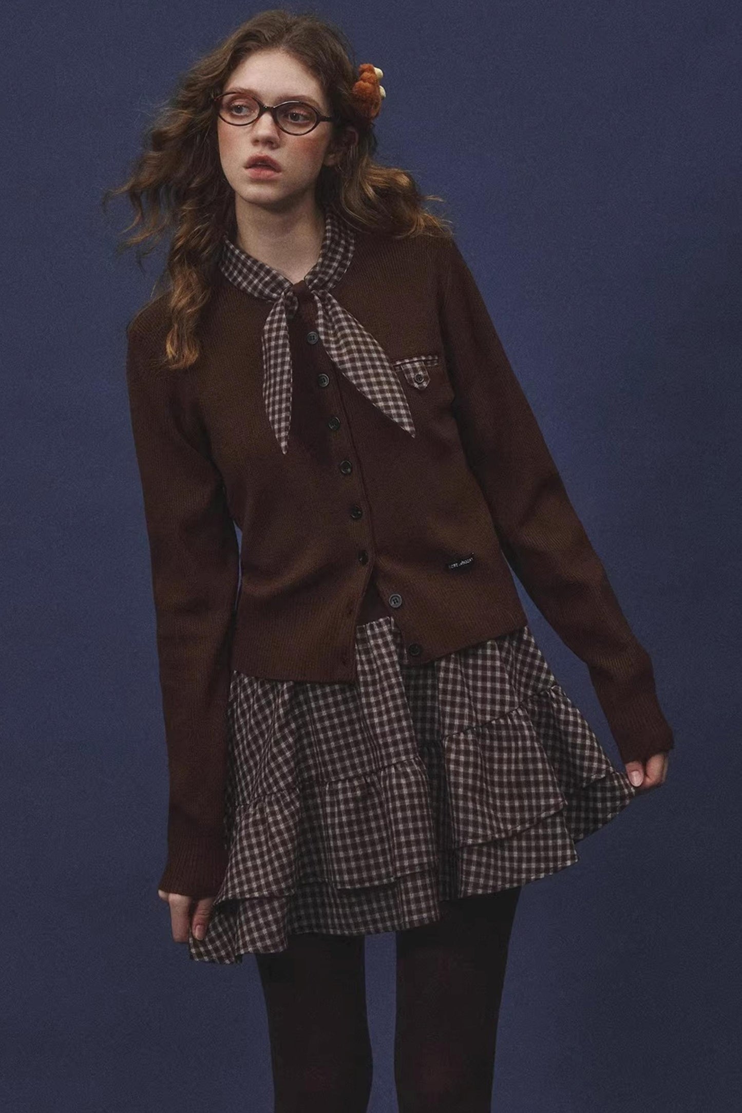 Plaid Melard Knit Top Skirt Set-Up