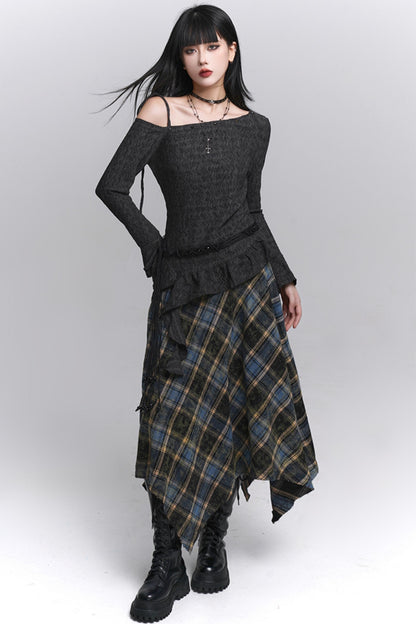 Beautiful Blue Plaid A-Line Skirt & Belt Set