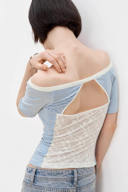Blue Asymmetrical Lace Top