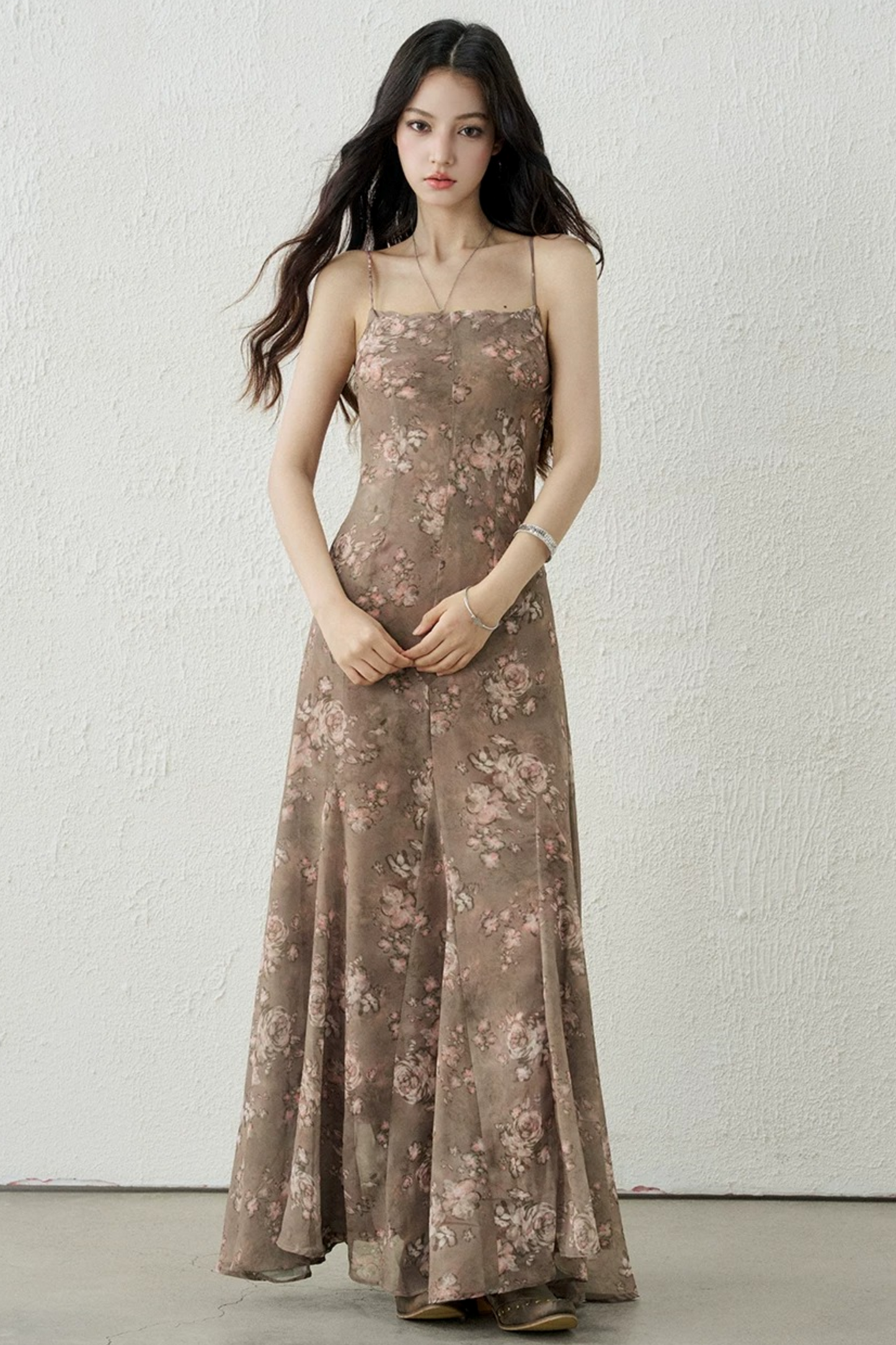 Chic Brown Floral Strap Dress