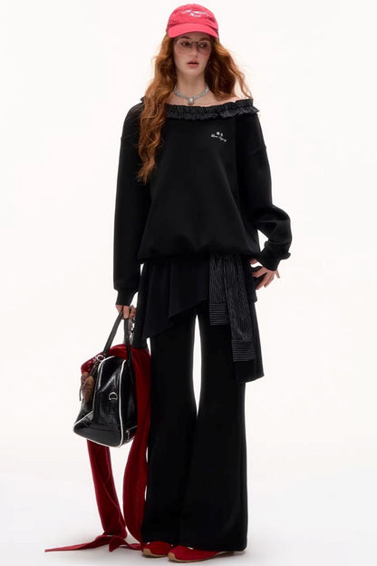 Asymmetrical Striped Ruffle Sweatshirt