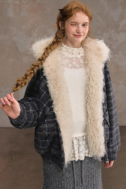 Elk Fur Collar Plaid Woolen Jacket