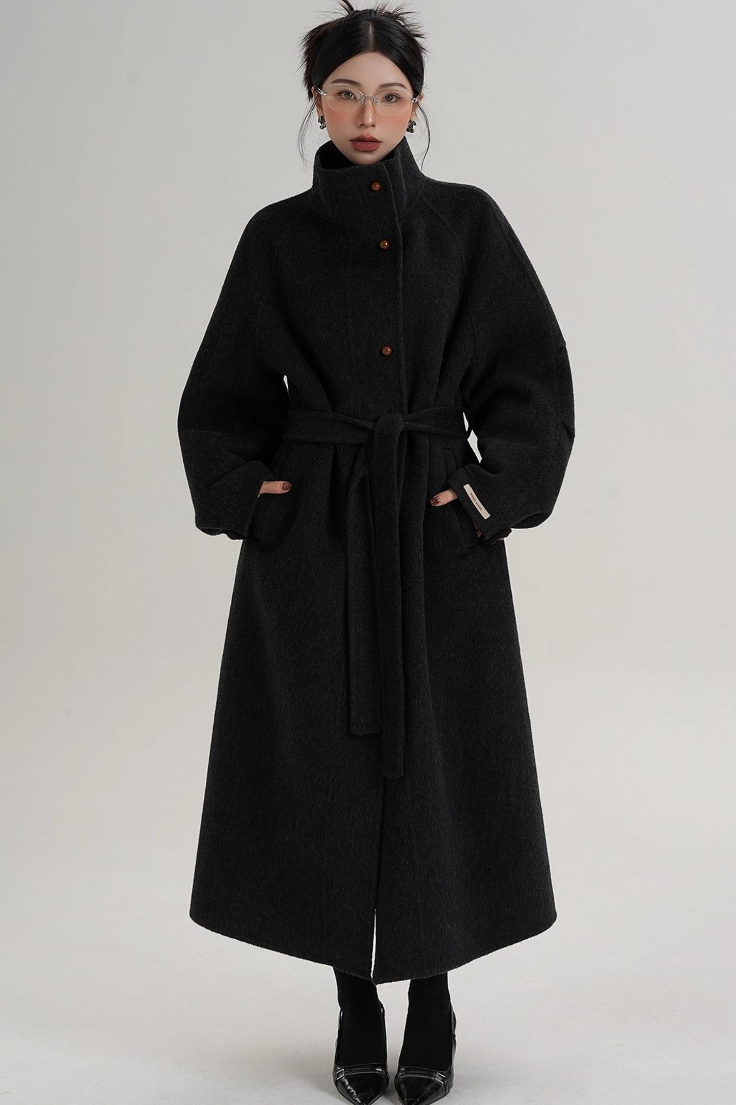 Elegant High-Neck Long Wool Coat