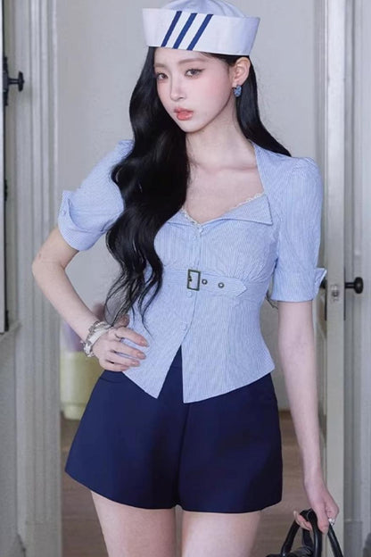 French Navy Collar Striped Shirt